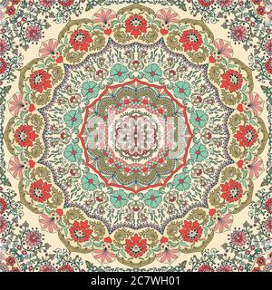 Seamless colorful floral hand drawn pattern with mandala. Round ornament in retro colors. Traditional Oriental pattern, vector illustration Stock Vector