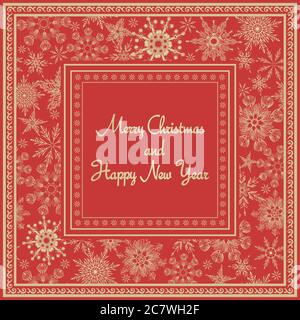 Christmas card with gold snowflakes on red background. Vector Stock Vector