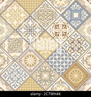 Seamless patchwork tile with Victorian motives in retro colors. Vector illustration. Stock Vector
