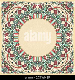 Seamless colorful floral hand drawn pattern with mandala. Round ornament in retro colors. Traditional Oriental pattern, vector illustration Stock Vector