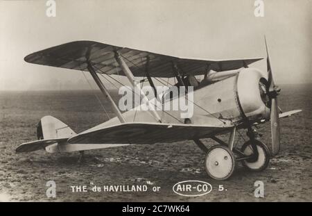 The de Havilland / AIRCO DH.5 single seater tractor fighting scout biplane designed and built by The Aircraft Manufacturing Co. Ltd., Hendon, London, N.W.9.  – Engine, 110 h.p. Le Rhone (rotary). Speed fully loaded at 6,500ft., 104 miles per hour. Climb to 10,000ft, 12 mins. 25 secs. Ceiling 17,000ft. This Single Seater Scout was produced during early 1917. A remarkable feature was the negative stagger, adopted to give pilot a good view forward. Stock Photo