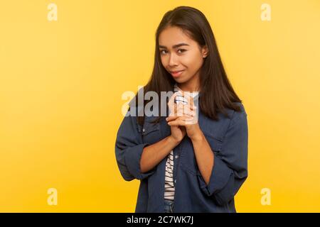 Using Greedy Girl Portrait of greedy girl in denim shirt showing money gesture and ...