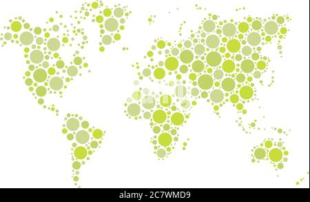World map mosaic of blue dots in various sizes and shades on white background. Vector illustration. Abstract background theme. Stock Vector