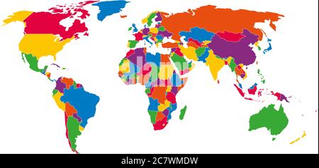 Multi-colored blank political vector map of World with national borders of countries on white background. Stock Vector