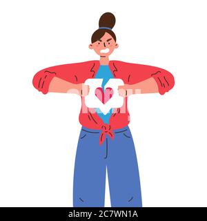 Sad woman with broken like button with heart Stock Vector