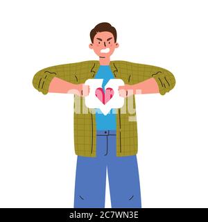 Sad man with broken like button with heart Stock Vector