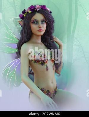 3d computer graphics of a cute fairy with wings and wreath Stock Photo