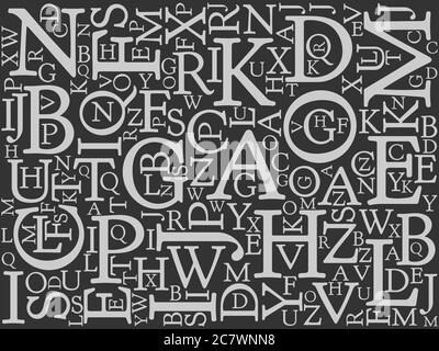 Background mosaic of light latin alphabet letters in various sizes on dark background. Serif font. Vector illustration background. School theme. Education theme. Library theme. Stock Vector