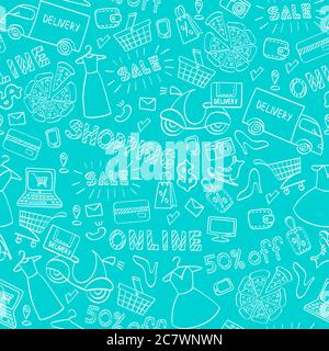 Online shopping seamless pattern. Hand drawn e-commerce objects isolated on blue background. Vector illustration. Stock Vector