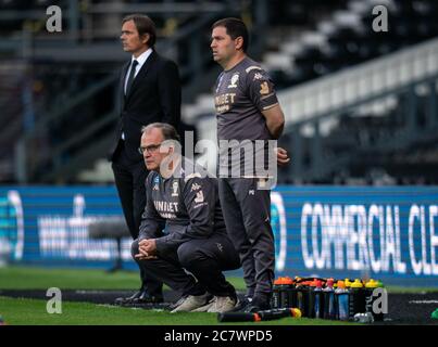 Derby, UK. 19th July, 2020. Leeds United manager Marcelo Bielsa during the Sky Bet Championship match between Derby County and Leeds United at the Ipro Stadium, Derby, England. Football Stadiums around remain empty due to the Covid-19 Pandemic as Government social distancing laws prohibit supporters inside venues resulting in all fixtures being played behind closed doors until further notice on 19 July 2020. Photo by Andy Rowland. Credit: PRiME Media Images/Alamy Live News Stock Photo