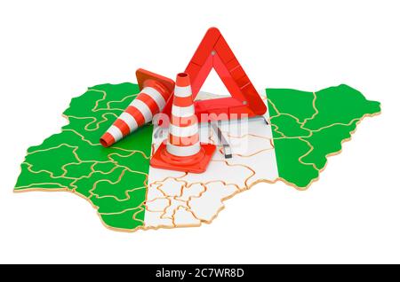 Nigerian map with traffic cones and warning triangle, 3D rendering isolated on white background Stock Photo