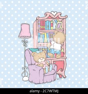 Cute bears in a cozy room with an armchair, bookcase and floor lamp. Vector illustration. Stock Vector