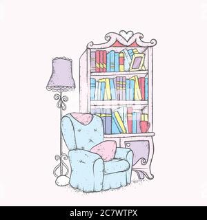 Cute bears in a cozy room with an armchair, bookcase and floor lamp. Vector illustration. Stock Vector