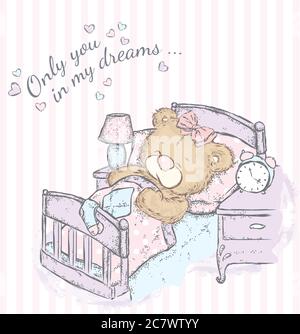 Cute bear sleeping in bed. Vector illustration for a card or poster, print on clothes. Stock Vector