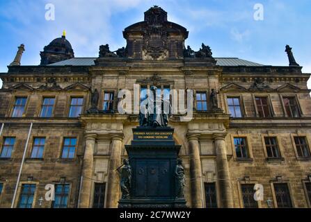 The statue of Frederick Augustus I of Saxony, in front of Oberlandesgericht or the higher court in Dresden, Germany Stock Photo