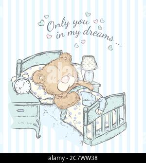 Cute bear sleeping in bed. Vector illustration for a card or poster, print on clothes. Stock Vector