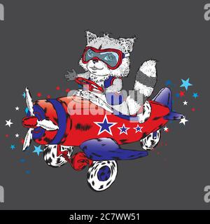 Cute raccoon is flying on an airplane. Vector illustration for a card or poster, print on clothes. Charming animal. Stock Vector