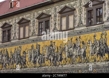 The Fürstenzug in Dresden, Germany, is a large mural of a mounted procession of the rulers of Saxony Stock Photo