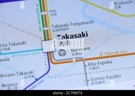 Takasaki Station on Tokyo subway map on smartphone screen. Stock Photo