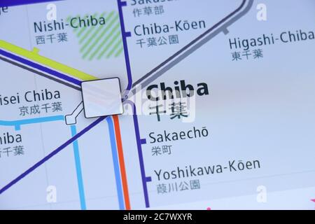 Chiba Station on Tokyo subway map on smartphone screen. Stock Photo