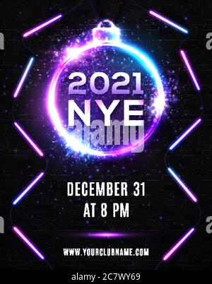 2021 New Year Eve Party Celebration Poster Template Illustration with Neon Lights Line Bulb Number and Christmas Ball on Black Brick Wall Background. Stock Vector