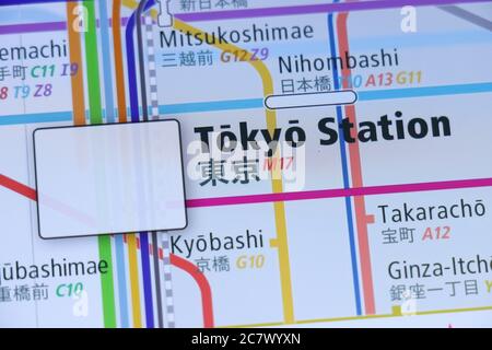 Tokyo Station on Tokyo subway map on smartphone screen. Stock Photo