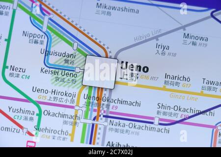 Ueno Station on Tokyo subway map on smartphone screen. Stock Photo