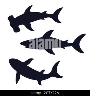 Black sharks silhouettes isolated on white background. Vector illustration. Stock Vector