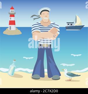 Smiling sailor on the coast with sea on the background and the lighthouse. Vector illustration. Stock Vector