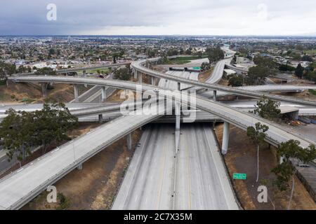 Empty 60 and 710 freeway interchange during the coronavirus outbreak in Los Angeles Stock Photo