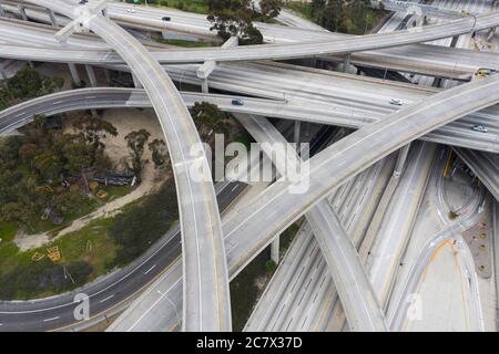 Aerial of Los Angeles 110 and 105 freeway interchange ramps and bridges ...