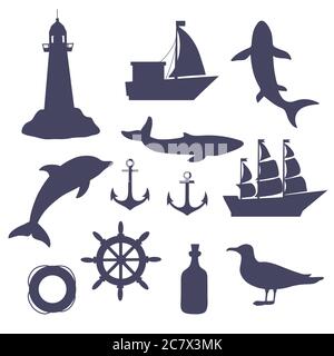 Big set of sea silhouette elements, isolated on white background. Ships, lighthouse, whale, anchor.  Stock Vector