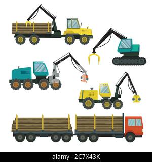 Big set of forestry vehicle. Vector illustration. Stock Vector