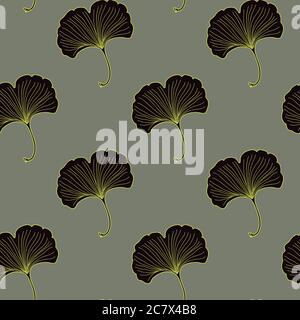 Seamless pattern with ginkgo flowers. Retro texture in Asian style. Vector illustration. Stock Vector
