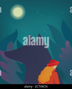 Little Red Riding Hood and wolf in the dark forest. Vector illustration.  Stock Vector