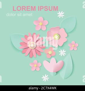 Cute floral banner in paper cut style. Vector illustration. Stock Vector