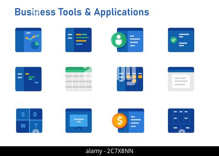 Business tools and software applications icon set collection from accounting financial to corporate analytics business model presentation calendar Stock Vector