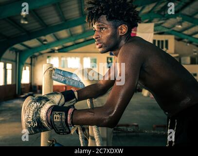 HAVANA, CUBA - CIRCA JANUARY 2020: Portrait of a boxer in Havana. Stock Photo