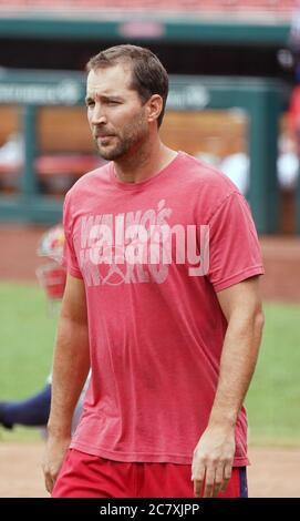 St. Louis, United States. 19th July, 2020. St. Louis Cardinals pitcher Adam Wainwright cuts across the field between innings of a inter-squad game at Busch Stadium in St. Louis on Sunday, July 19, 2020. Photo by Bill Greenblatt/UPI Credit: UPI/Alamy Live News Stock Photo