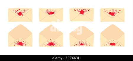 Vintage envelope flat set. Opened or closed paper mail cover. Cartoon valentine day or wedding envelopes for letters. Newsletter or delivery of invitation, congratulation. Isolated vector illustration Stock Vector