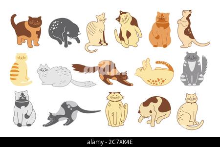 Cat character collection. Sketch cute flat cartoon design pet set. Different kitty breeds. Funny cats sitting, sleeping. Hand drawn animals contour lines. Isolated vector illustration Stock Vector