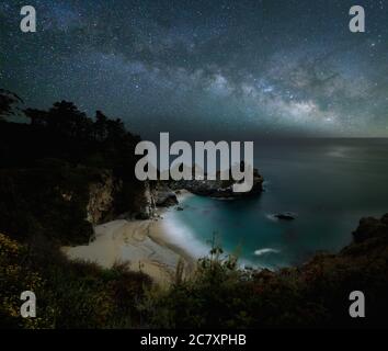 The Milky Way rising over McWay Falls along the coastline of the Pacific Ocean in Big Sur, California, USA