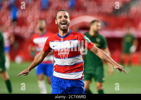 Granada, Spain. 19th July, 2020. Granada CF player Roberto Soldado celebrates a goal during the La Liga Santander match between Granada CF and Athletic Club.(Final score; Granada CF 4:0 Athletic Club) Credit: SOPA Images Limited/Alamy Live News Stock Photo