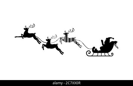 Santa's sleigh and reindeer silhouettes icon in black. Vector on isolated white background. EPS 10 Stock Vector