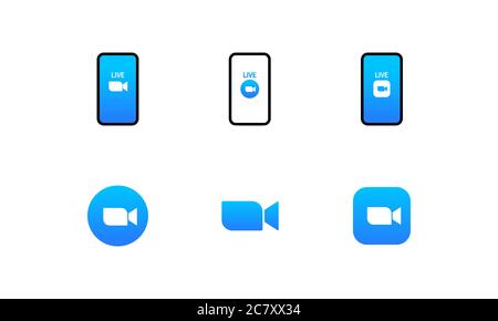 Blue camera icon set. Conference video calls. Live media streaming application. Zoom logo. Vector on isolated white background. EPS 10. Stock Vector
