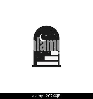 Door is open and starry night. Doorway with the moon. Vector on isolated white background. EPS 10. Stock Vector