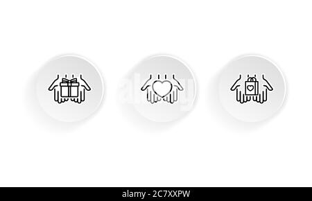 Gift, heart, shopping present in palms line icon set. Holiday presents, shop bag and social responsibility line icons. Gift boxes, web buying, helping Stock Vector