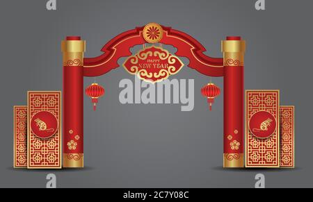 Chinese entrance arch design vector illustration. Stylish banner. Symbols, attribute: rat, gold, red, neon, lantern, frame, arch, sakura. Stock Vector