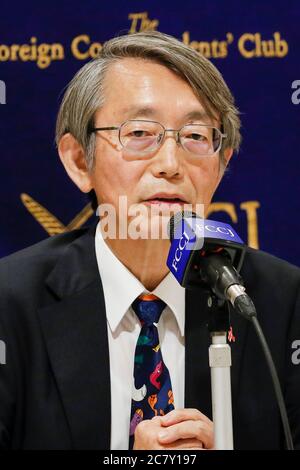 Dr. Shinya Iwamuro urologist and public health advocate speaks during a news conference at The Foreign Correspondents' Club of Japan (FCCJ) on July 20, 2020, Tokyo, Japan. Kaori Kohga, who is representing hostess workers and clubs across Japan, came to the Club alongside Dr. Iwamuro to talk about the challenges of nightlife workers amid coronavirus pandemic, in which recent infection cases have been rises among people in their 20s and 30s. Credit: Rodrigo Reyes Marin/AFLO/Alamy Live News Stock Photo
