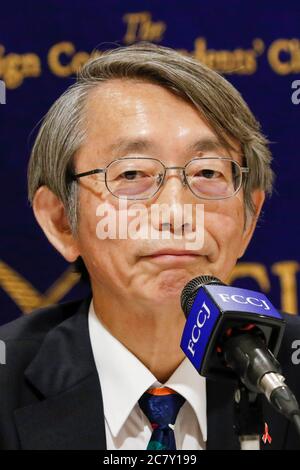 Dr. Shinya Iwamuro urologist and public health advocate attends a news conference at The Foreign Correspondents' Club of Japan (FCCJ) on July 20, 2020, Tokyo, Japan. Kaori Kohga, who is representing hostess workers and clubs across Japan, came to the Club alongside Dr. Iwamuro to talk about the challenges of nightlife workers amid coronavirus pandemic, in which recent infection cases have been rises among people in their 20s and 30s. Credit: Rodrigo Reyes Marin/AFLO/Alamy Live News Stock Photo